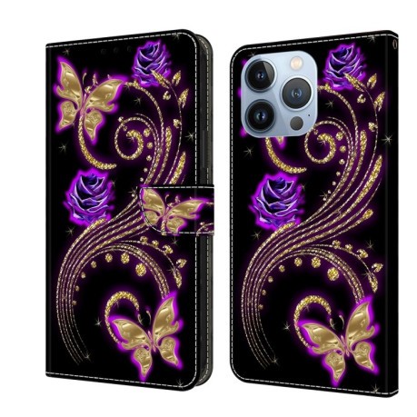 Чехол-книжка Crystal 3D Shockproof Protective Leather для iPhone 15 Pro Max -Purple Flower Butterfly