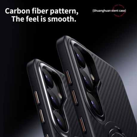 Чохол Double Ring MagSafe Holder Carbon Fibre  для Samsung Galaxy S25+ 5G - сріблястий