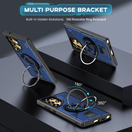 Противоударный чехол Ring Holder Carbon Fiber PC Hybrid TPU для Samsung Galaxy S25 Ultra 5G - синий
