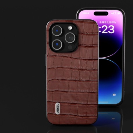 Противоударный чехол ABEEL Crocodile Texture Genuine Leather для iPhone 15 Plus - коричневый