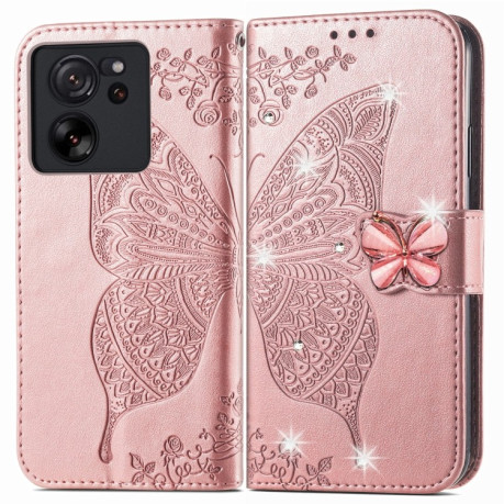 Чохол-книжка Rhinestones Butterfly Love Flower Embossed для Xiaomi 13T / 13T Pro - рожеве золото