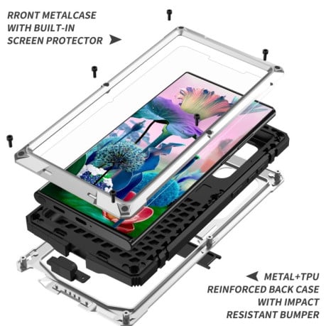 Противоударный металлический влагозащитный чехол R-JUST Dustproof на Samsung Galaxy S23 Ultra 5G - серебристый