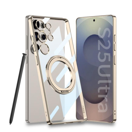 Противоударный чехол GKK PC Phone Case with Magnetic Rotating Holder, Not Included Pen для Samsung Galaxy S25 Ultra 5G - прозрачно-золотой