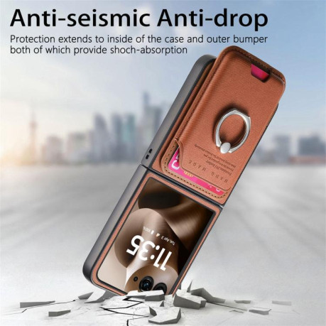 Противоударный чехол Twill Fabric Card Bag Ring Magnetic для Motorola Moto Razr 60 Ultra 5G - коричневий