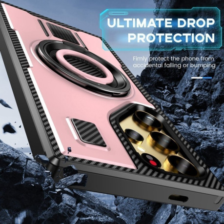 Протиударний чохол Ring Holder Carbon Fiber PC Hybrid TPU  для Samsung Galaxy S25 Ultra 5G - рожеве золото