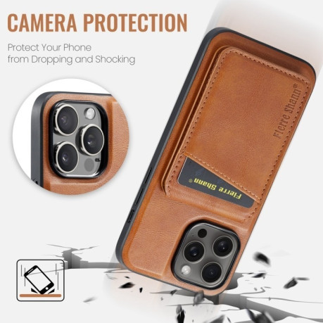 Чехол Fierre Shann Oil Wax Cow Leather Magnetic Card Holder на iPhone 16 Pro - коричневый