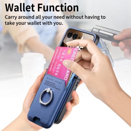 Противоударный чехол Twill Fabric Card Bag Ring Magnetic для Motorola Moto Razr 60 Ultra 5G - синій