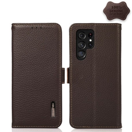 Шкіряний чохол-книжка KHAZNEH Genuine Leather RFID для Samsung Galaxy S22 Ultra 5G - коричневий
