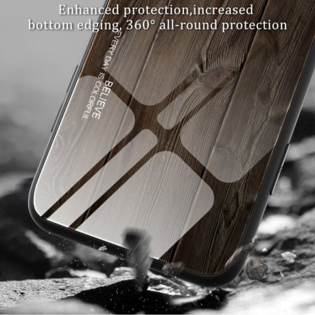 Противоударный чехол Wood Grain Glass на Xiaomi Poco M5 - темно-коричневый
