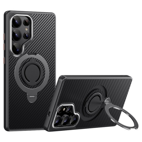 Противоударный чехол Carbon Fiber MagSafe 360 Degree Rotating Holder на Samsung Galaxy S25 Ultra 5G - черно-серый