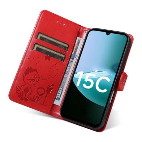 Чехол-книжка Cat Embossing Pattern на Xiaomi Redmi 15C 5G / 4G EU 173mm - красный