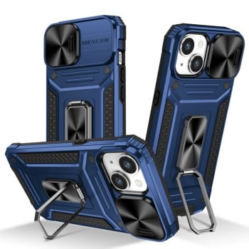 Чехол со шторкой на камеру Sliding Camshield и подставкой на iPhone 15 Plus - синий