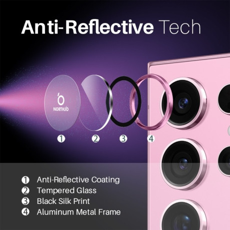 Захисне скло NORTHJO Glitter Camera Lens Protector Tempered Glass Metal Ring для Samsung Galaxy S25 Ultra 5G - рожеве
