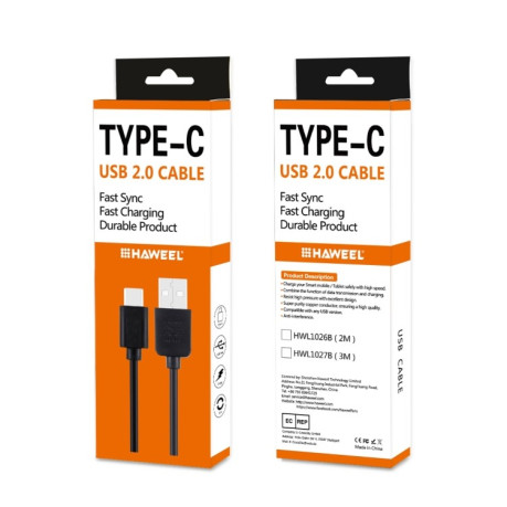 Кабель  HAWEEL 2m USB-C / Type-C to USB 2 Data &amp; Charging Cable - черный