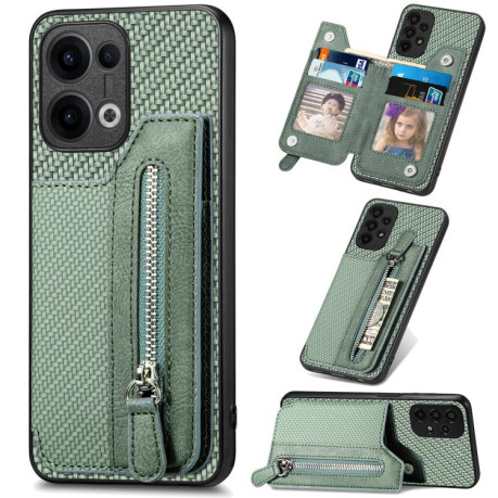 Противоударный чехол Carbon Fiber Horizontal Flip Zipper Wallet для OPPO Reno13 5G - зеленый
