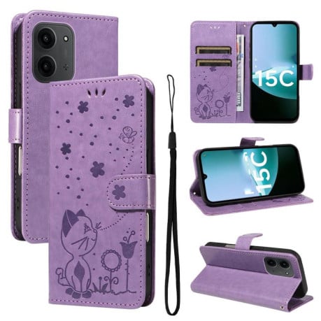 Чехол-книжка Cat Embossing Pattern на Xiaomi Redmi 15C 5G / 4G EU 173mm - фиолетовый