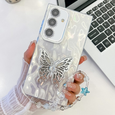 Протиударний чохол Plating Glitter Lens Film Texture Butterfly Holder Wristband для Samsung Galaxy S25+ 5G - White Wrinkles