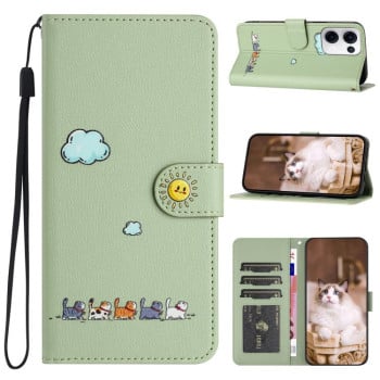Чехол-книжка Cartoon Cats Leather для OPPO Reno13 5G Global - зеленый