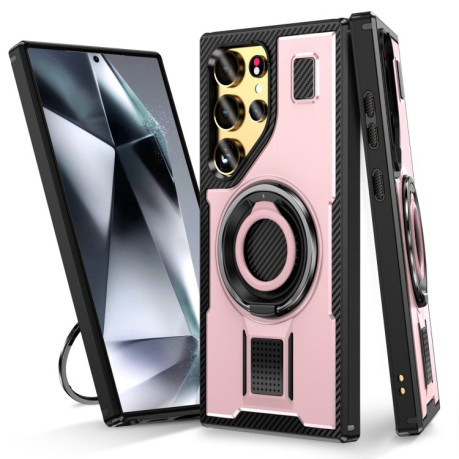 Протиударний чохол Ring Holder Carbon Fiber PC Hybrid TPU  для Samsung Galaxy S25 Ultra 5G - рожеве золото
