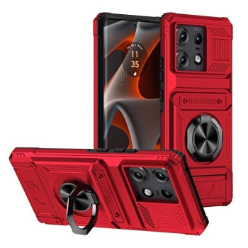 Противоударный чехол Shockproof Card Slot Phone Case with Metal Ring Holder для Motorola Edge 50 Pro - красный