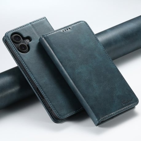 Противоударный чехол Suteni H02 Leather Wallet Stand для iPhone 16 Plus - синий