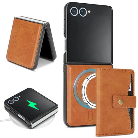 Чохол Kalebol Magnetic Button з кишенькою на карт та MagSafe на Samsung Galaxy Filp 7 - коричневий