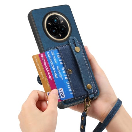 Противоударний чехол Retro Cross Wristband Wallet Leather для Realme 14 Pro+ - синій
