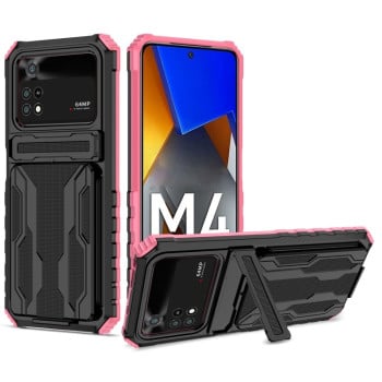 Противоударный чехол Kickstand Armor Card Wallet для Xiaomi Poco M4 Pro 4G - розовый