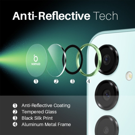 Защитное стекло NORTHJO Glitter Camera Lens Protector Tempered Glass Metal Ring на Samsung Galaxy A16 5G - зеленое