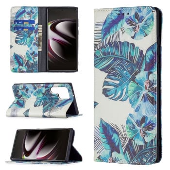 Чехол-книжка Colored Drawing Pattern Invisible для Samsung Galaxy S22 Ultra 5G - Blue Leaf
