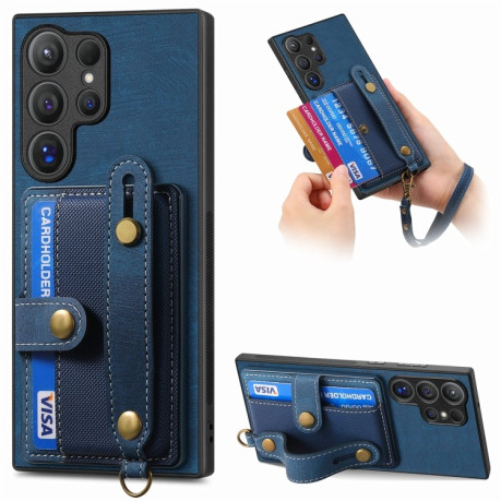 Протиударний чохол Retro Cross Wristband Wallet Leather для Samsung Galaxy S24 Ultra 5G - синій
