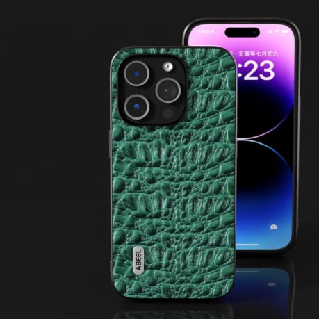 Чехол ABEEL Genuine Leather Canopy Black Edge Phone Case для iPhone 15 - зеленый