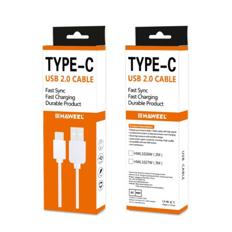 Кабель HAWEEL 2m USB-C/Type-C to USB 2 Data &amp; Charging Cable - білий