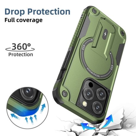 Противоударный чехол MagSafe Holder Armor PC Hybrid для iPhone 15 Pro - зеленый