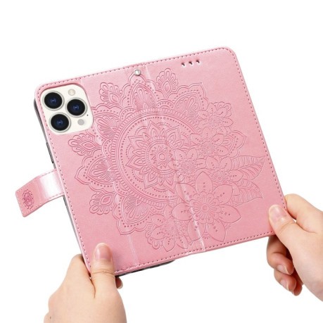 Чехол-книжка Flowers Embossing Pattern для iPhone 13 Pro Max - розовое золото