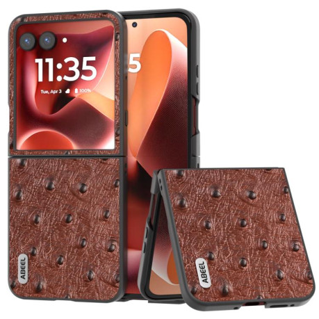 Кожаный чехол ABEEL Genuine Leather Ostrich Texture для Motorola Razr 60 Ultra - кофейный