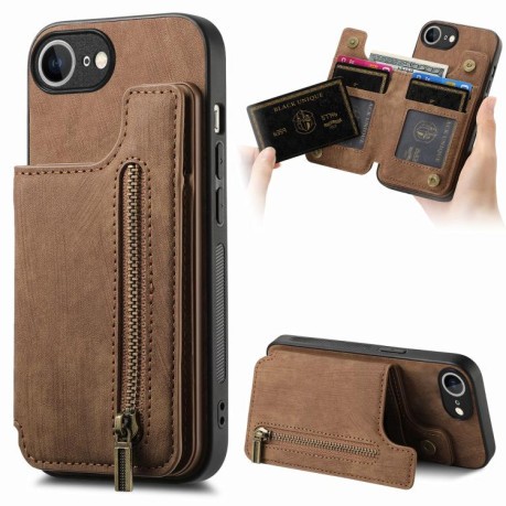 Протиударний чохол Retro Painted Zipper Wallet для iPhone 16e - коричневий