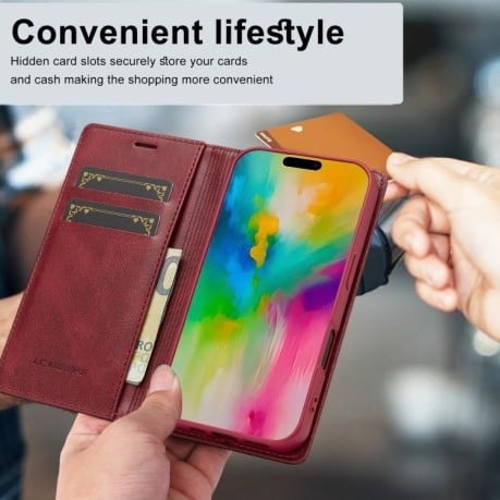 Чехол-книжка LCIMEEKE RFID для iPhone 16 Plus - красный