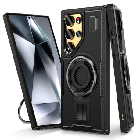 Противоударный чехол Ring Holder Carbon Fiber PC Hybrid TPU для Samsung Galaxy S25 Ultra 5G - черный