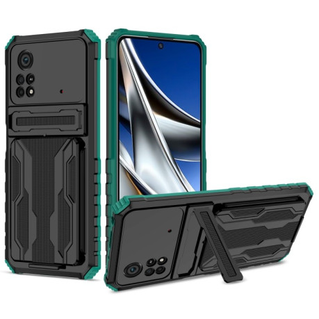 Противоударный чехол Kickstand Armor Card Wallet для Xiaomi Poco X4 Pro 5G - зеленый