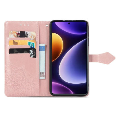 Чехол-книжка Lucky Clover Halfway Mandala Embossing Pattern на Xiaomi Poco F5 - розовое золото