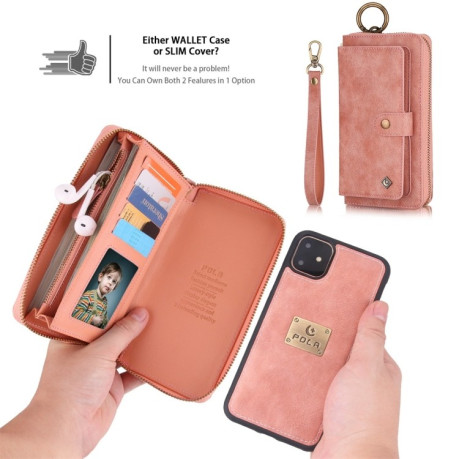Чехол-кошелек POLA Multi-function Fashion Zipper для iPhone 11 - розовый