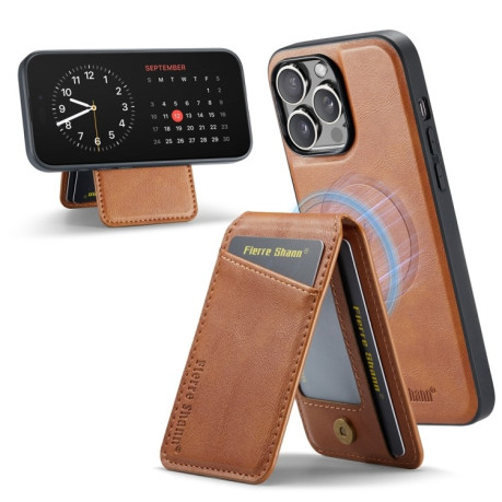 Чехол Fierre Shann Oil Wax Cow Leather Magnetic Card Holder на iPhone 16 Pro - коричневый
