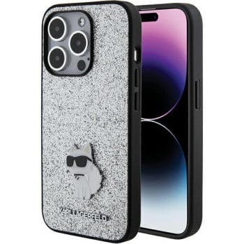 Оригинальный чехол Karl Lagerfeld Fixed Glitter Choupette Logo Metal Pin для iPhone 15 Pro Max - Silver