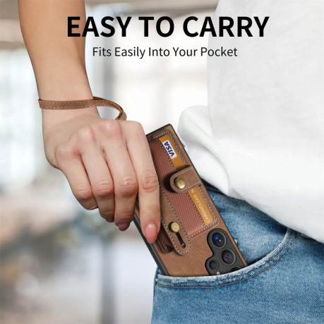 Противоударный чехол Retro Cross Wristband Wallet Leather для Samsung Galaxy S24 Ultra 5G - коричневый