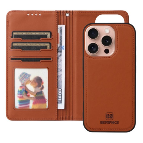 Чохол-книжка BETOPNICE BN-005 2 in 1 Detachable Imitate Genuine Leather для iPhone 16 Pro - коричневий