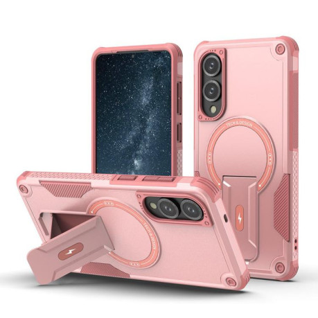 Противоударный чехол MagSafe Holder Armor PC Hybrid для Samsung Galaxy S25 Edge 5G - розовый