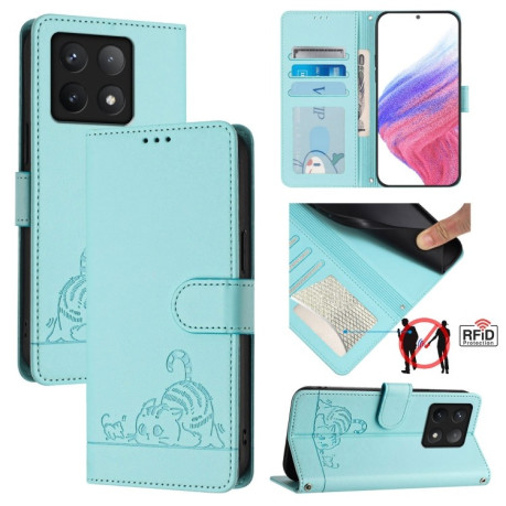 Чехол-книжка Cat Embossing Pattern на Xiaomi 14T Pro 5G - зеленый