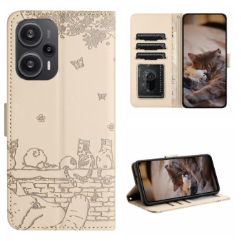 Чехол-книжка Cat Embossing Pattern на Xiaomi Poco F5 - бежевый
