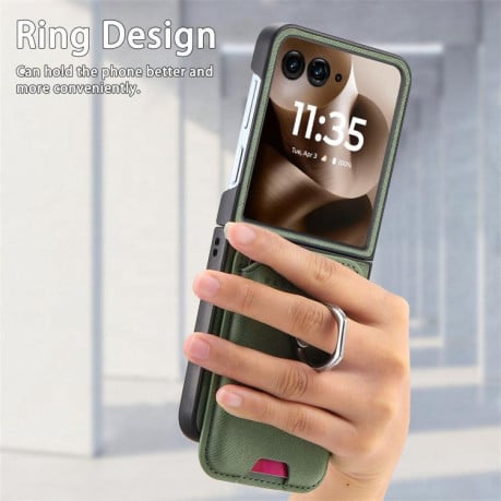 Противоударный чехол Twill Fabric Card Bag Ring Magnetic для Motorola Moto Razr 60 Ultra 5G - зелений